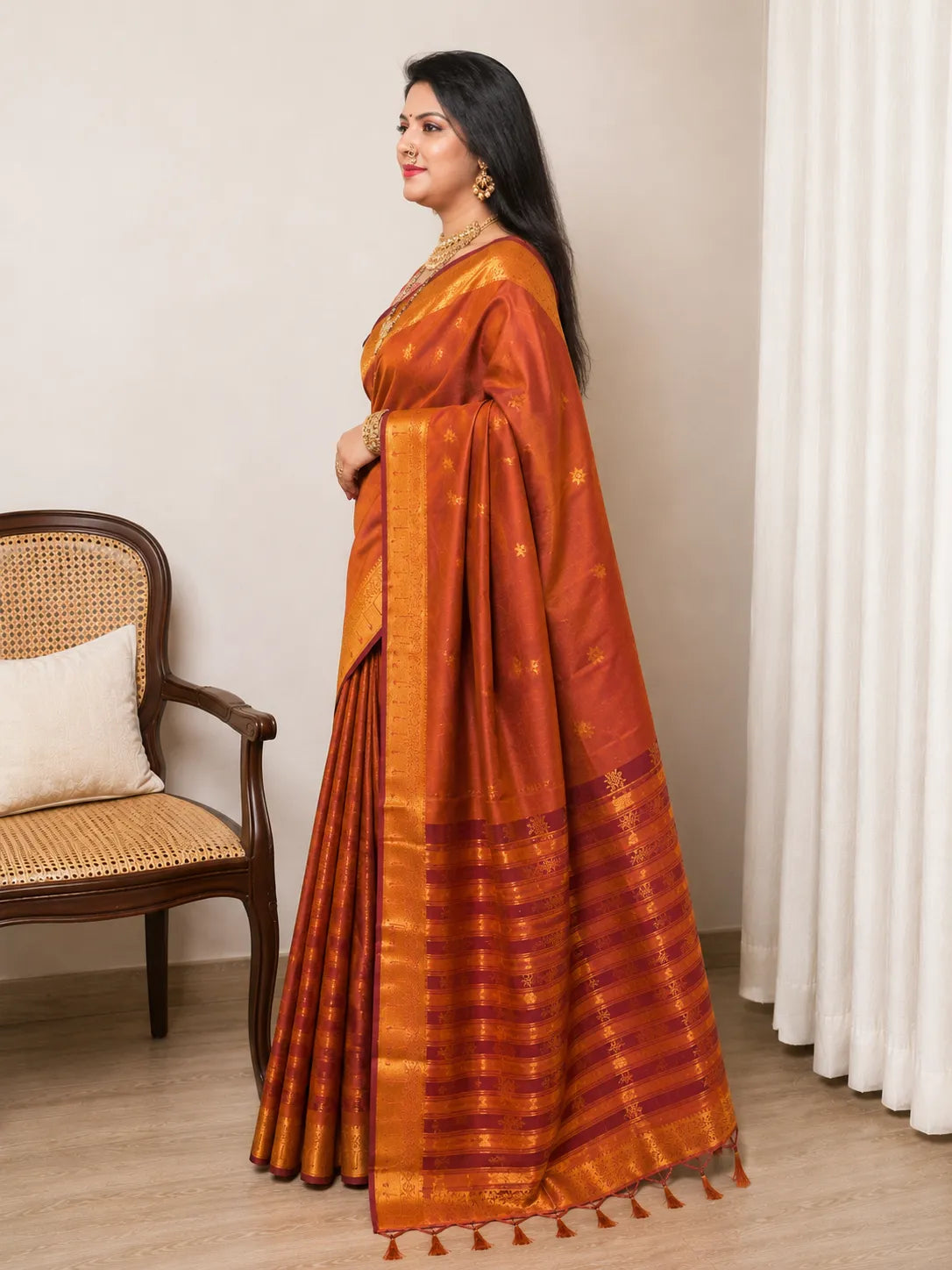 Rajeshwari Copper Orange Paithani Silk Saree with Antique Gold Zari Border