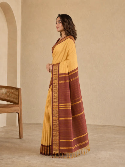 Aarohi Golden Beige Saree with Maroon Heritage Zari Border