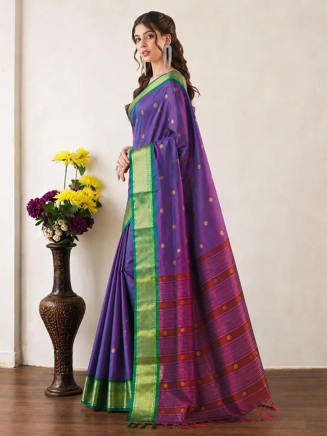 Lavender Purple Cotton Silk Saree with Emerald Green Zari Border & Contrast Wine Blouse