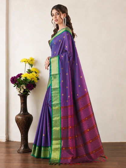 Lavender Purple Cotton Silk Saree with Emerald Green Zari Border & Contrast Wine Blouse