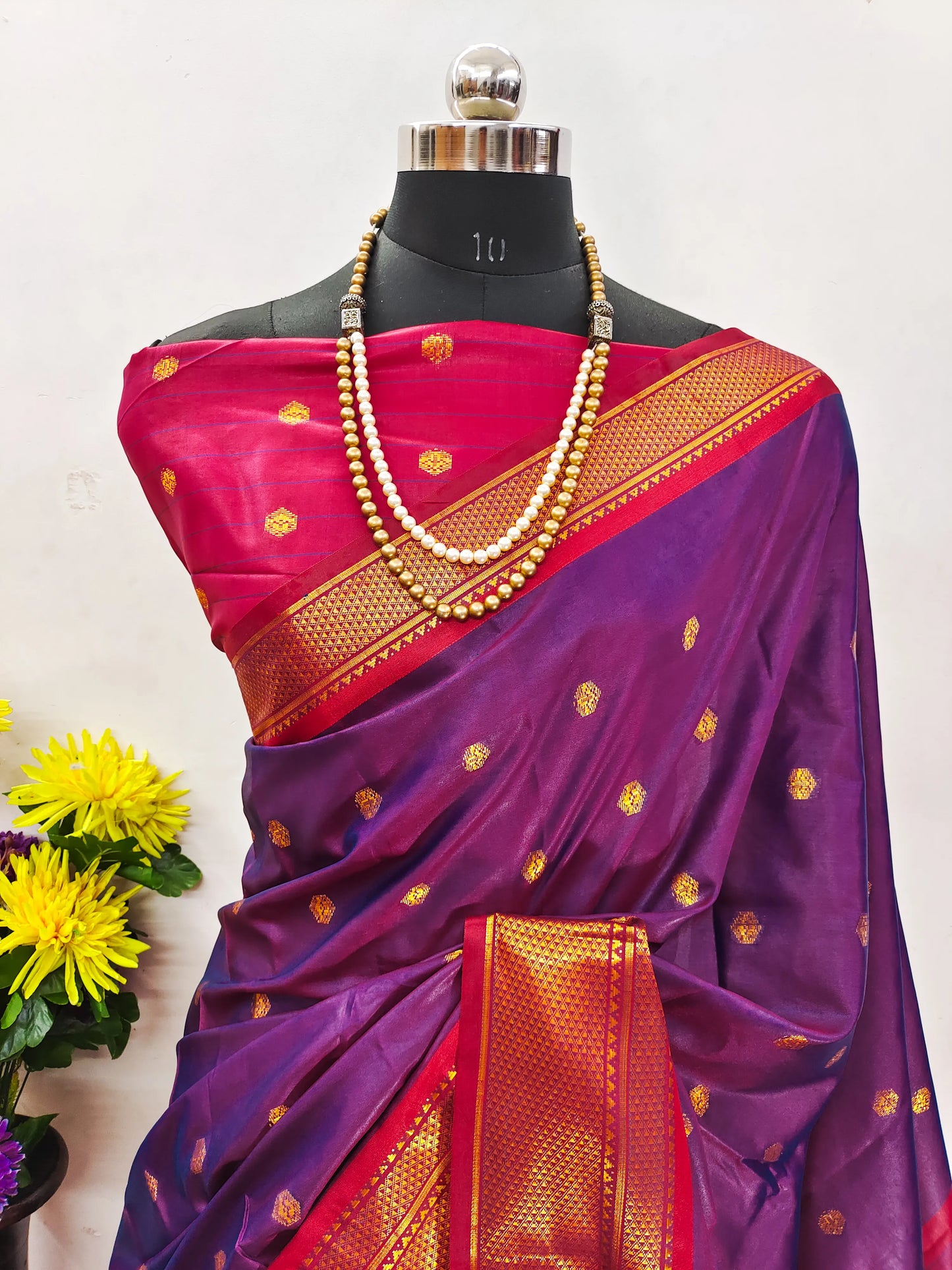 Royal Purple Cotton Silk Saree with Rani Pink Zari Border & Contrast Pink Blouse