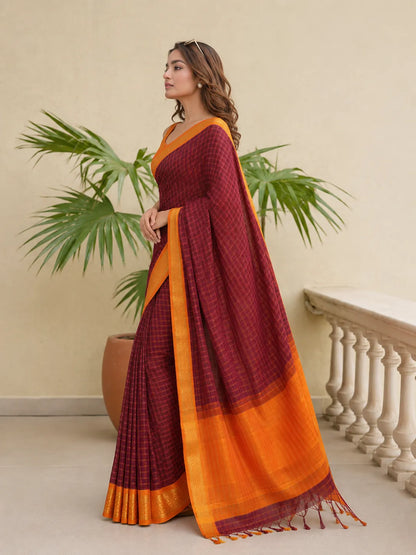 Nayantara Wine Purple Saree with Sunset Orange Heritage Border