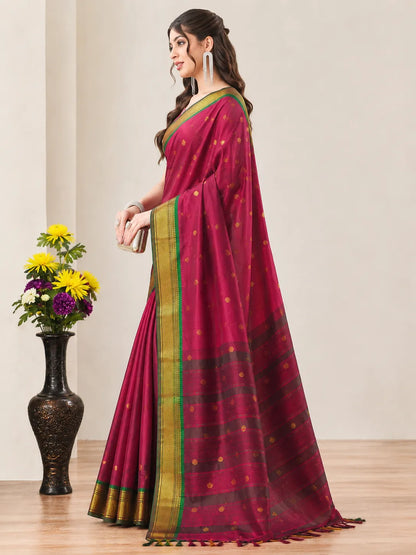 Rani Pink Cotton Silk Saree with Gold Zari Butti & Contrast Brown Pallu