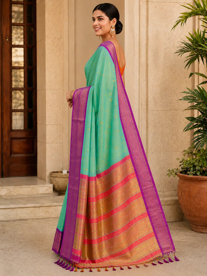 Mint Green Cotton Silk Saree with Gold Butti & Magenta Zari Border