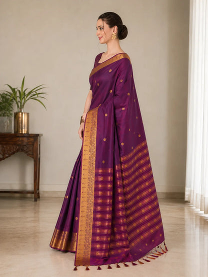 Rajeshwari Royal Purple Paithani Silk Saree with Antique Gold Zari Border