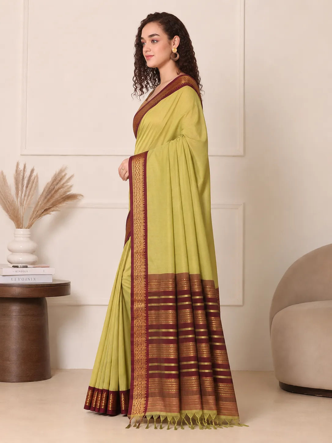 Mrunalini Olive Green Saree with Maroon Heritage Zari Border