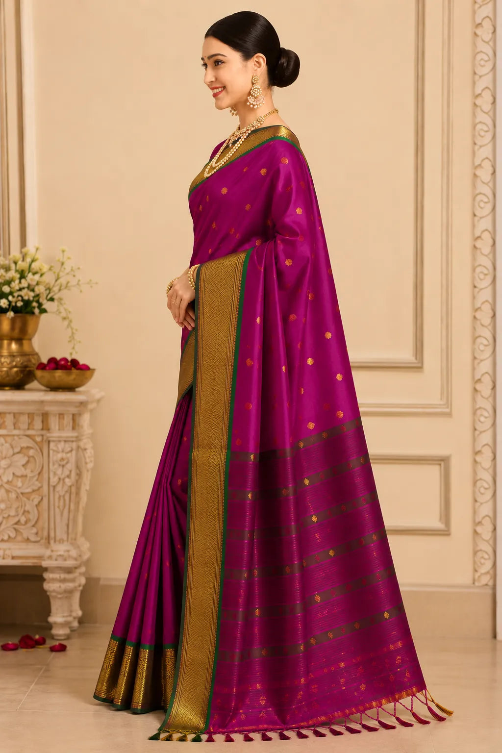 Magenta Pink Cotton Silk Saree with Gold Zari Butti & Green Contrast Border