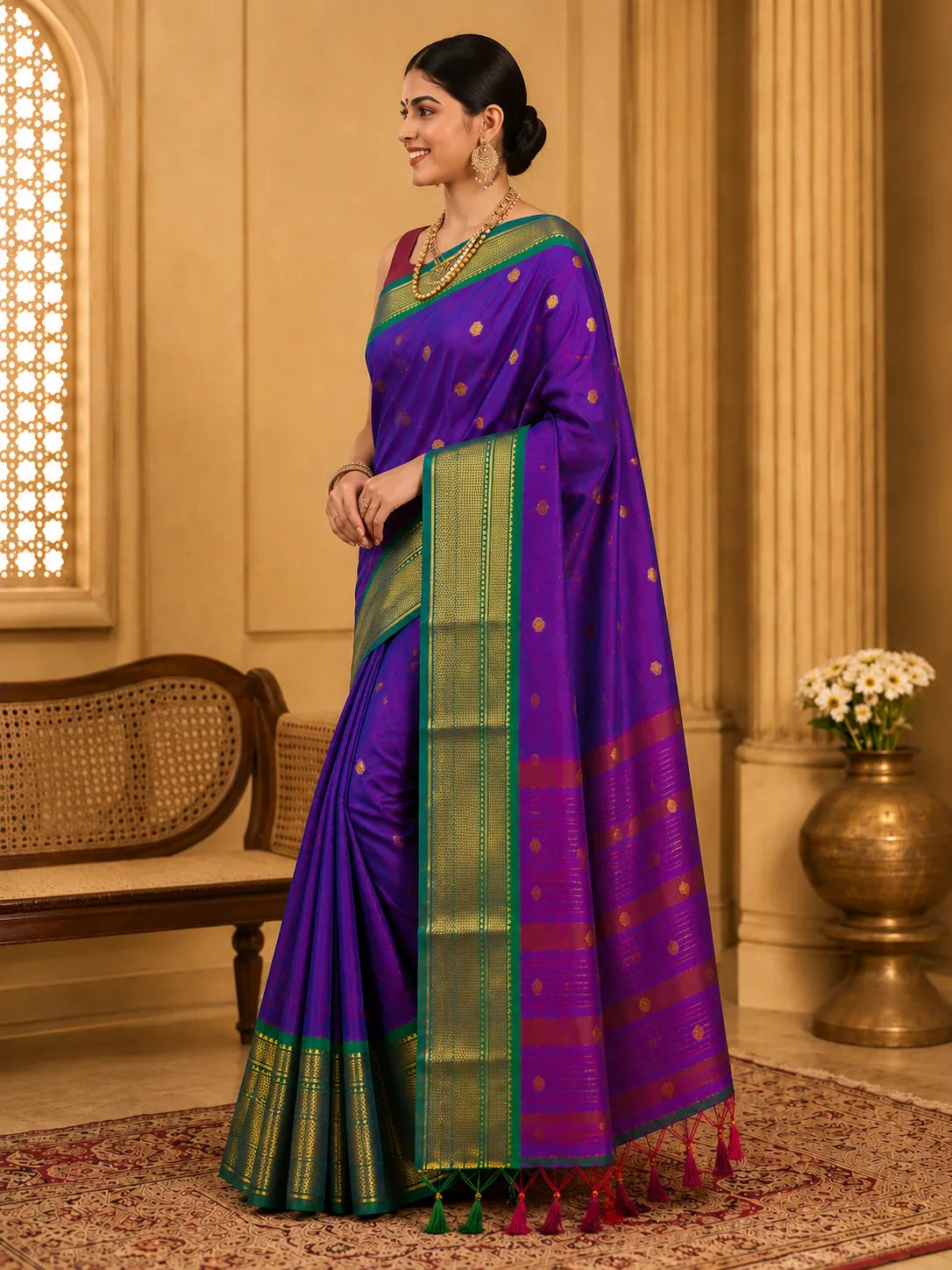 Royal Purple Cotton Silk Saree with Emerald Green Zari Border & Contrast Maroon Blouse