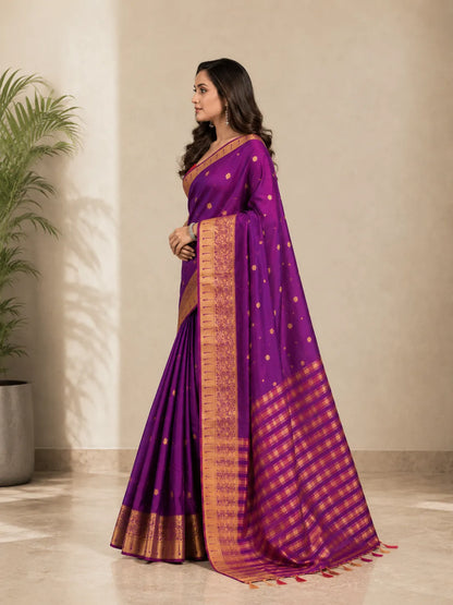 Rajeshwari Violet Paithani Silk Saree with Gold Zari Border & Striped Pallu