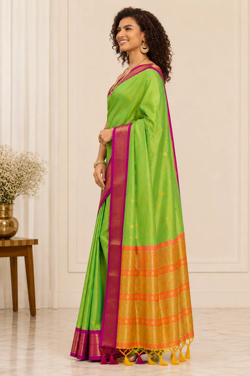 Parrot Green Cotton Silk Saree with Pink Zari Border & Contrast Orange Pallu