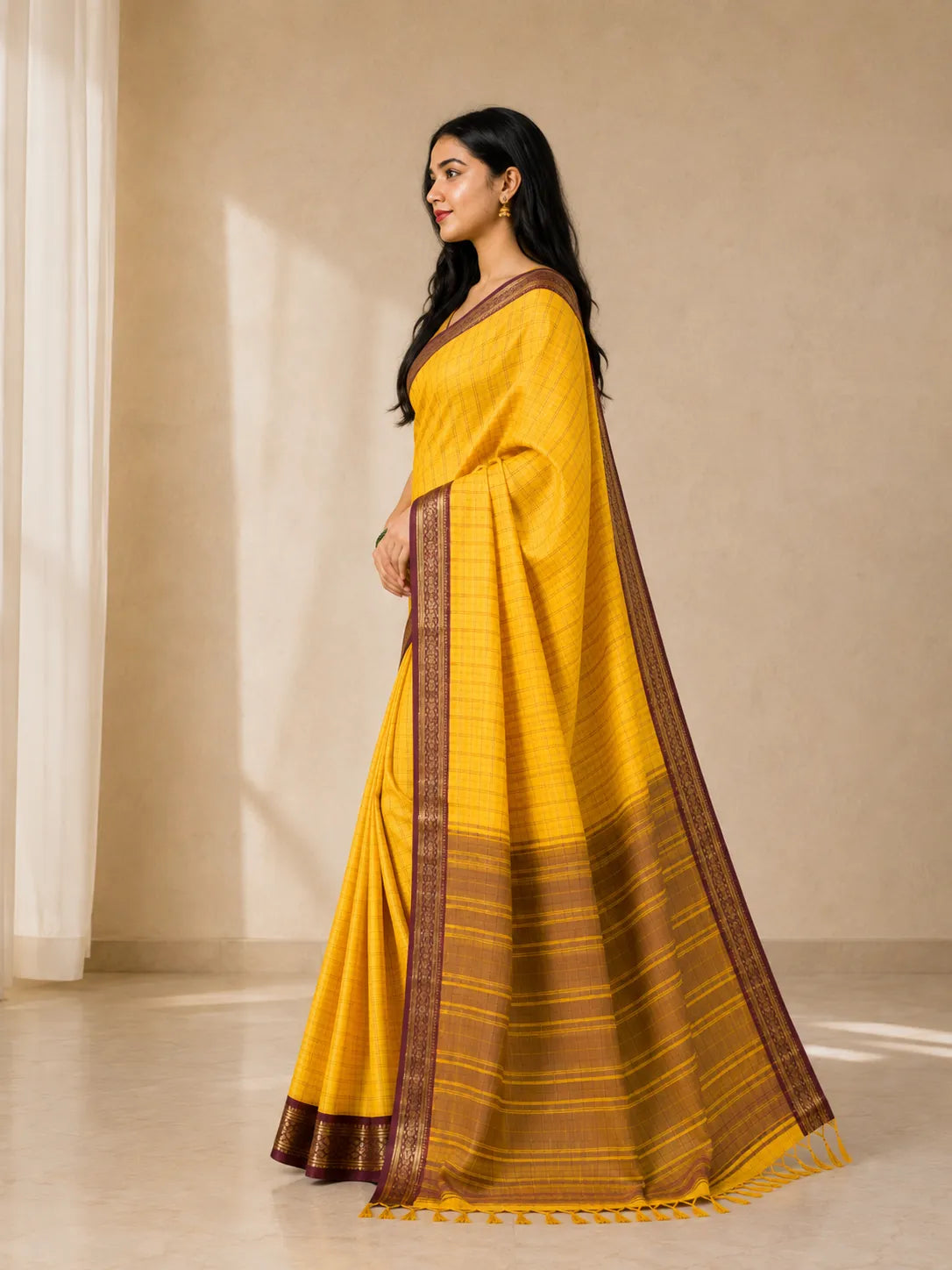 Suvarna Mustard Yellow Saree with Coffee Brown Heritage Border