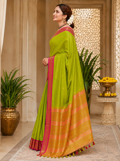 Olive Green Cotton Silk Saree with Pink Zari Border & Contrast Peach Pallu