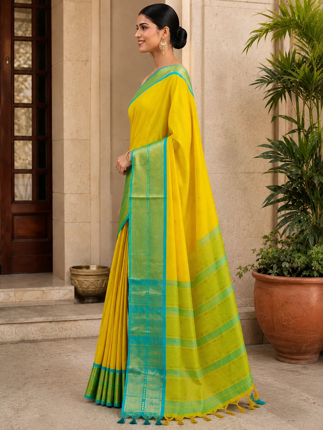 Sunshine Yellow Cotton Silk Saree with Aqua Blue Zari Border & Contrast Mint Blouse