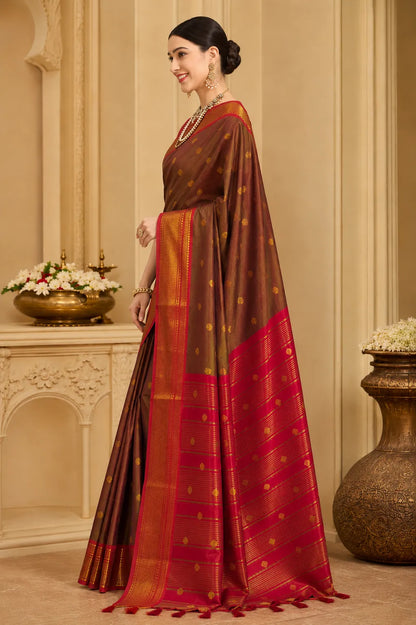 Coffee Brown Cotton Silk Saree with Red Zari Border & Contrast Red Blouse