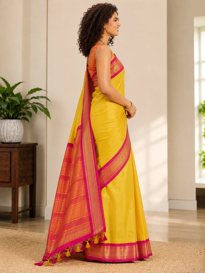 Golden Yellow Cotton Silk Saree with Rani Pink Zari Border & Peach Contrast Blouse