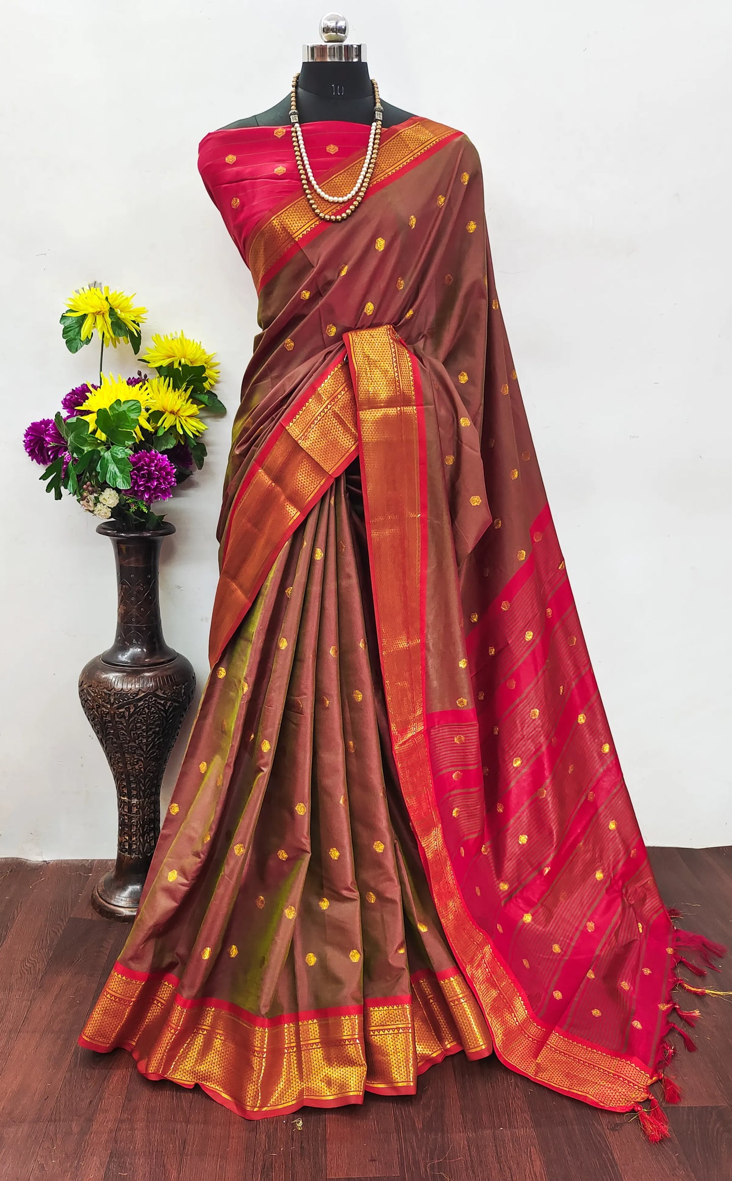 Coffee Brown Cotton Silk Saree with Red Zari Border & Contrast Red Blouse