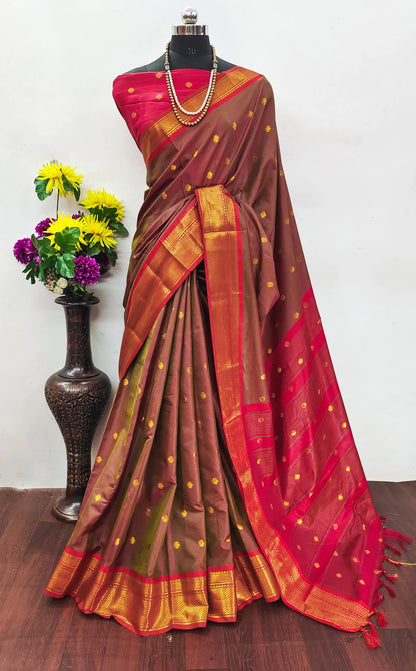 Coffee Brown Cotton Silk Saree with Red Zari Border & Contrast Red Blouse