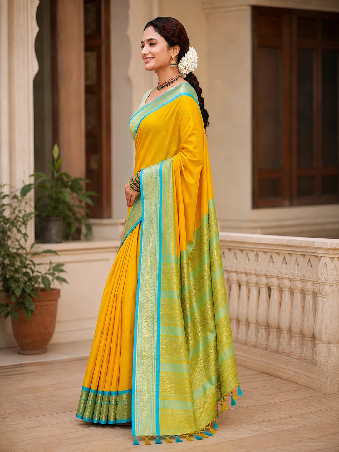 Bright Marigold Yellow Cotton Silk Saree with Aqua Blue Zari Border & Mint Green Contrast Blouse