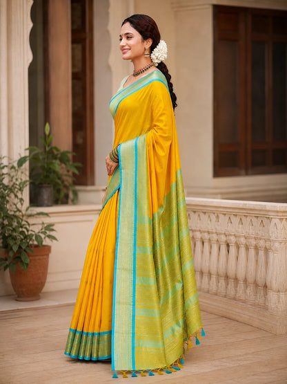 Bright Marigold Yellow Cotton Silk Saree with Aqua Blue Zari Border & Mint Green Contrast Blouse