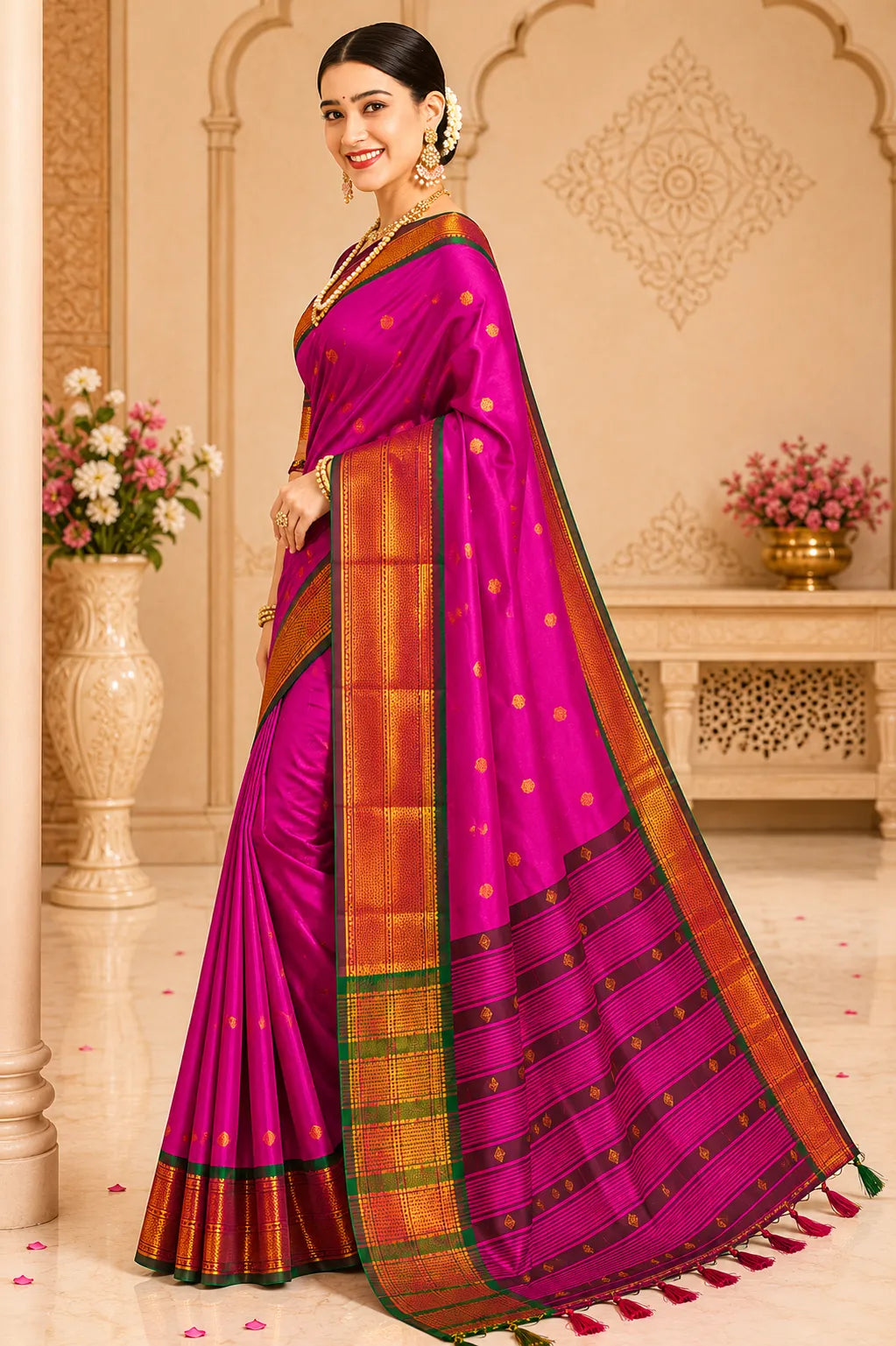 Rani Pink Cotton Silk Saree with Green Zari Border & Contrast Brown Blouse
