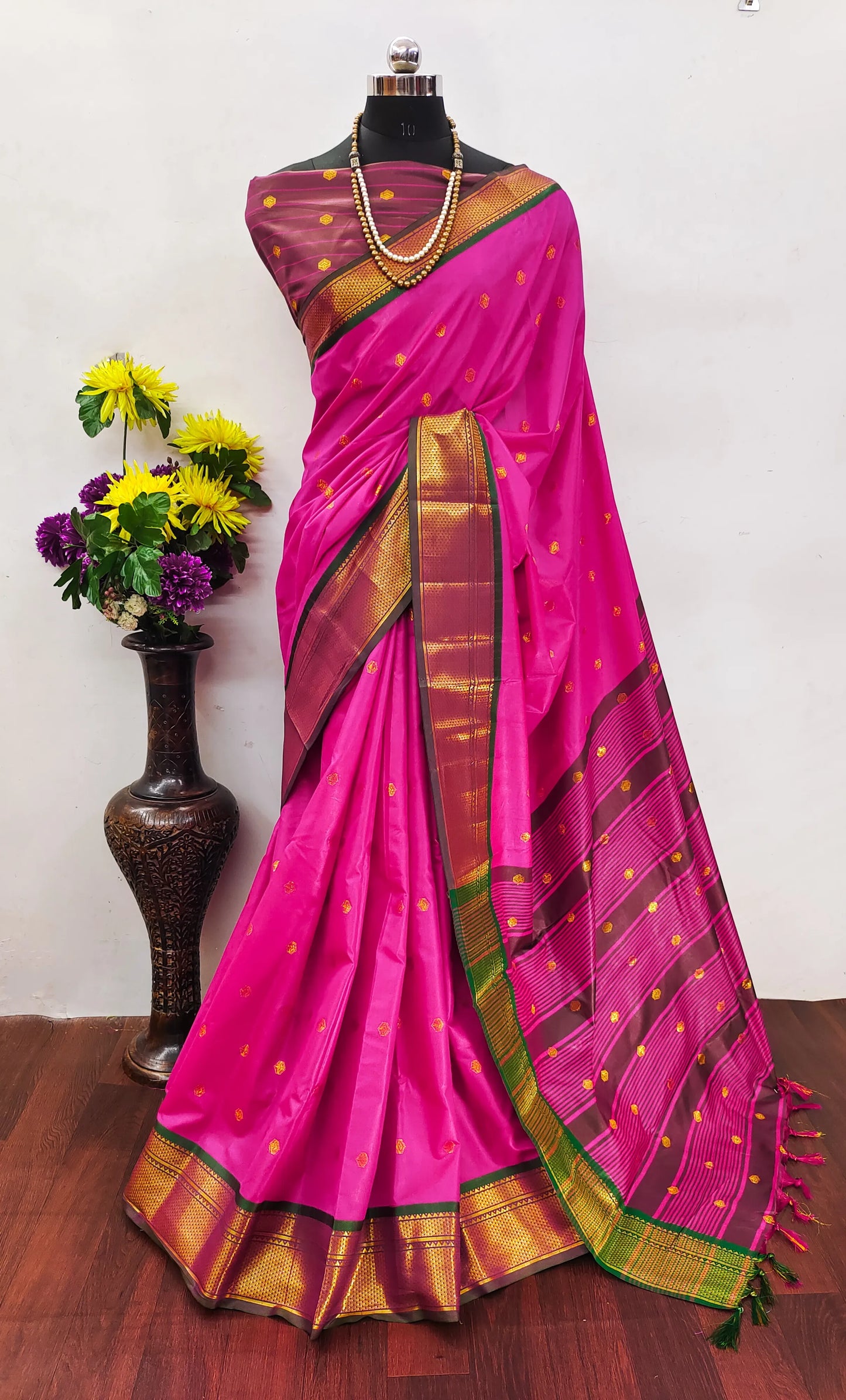 Rani Pink Cotton Silk Saree with Green Zari Border & Contrast Brown Blouse