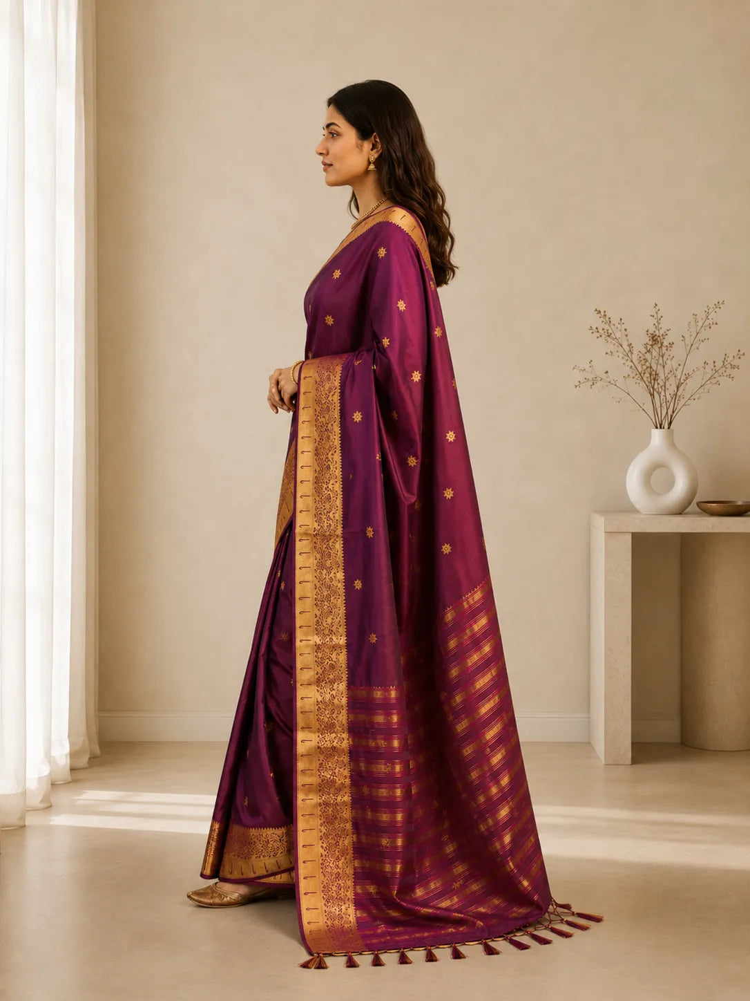 Rajnidhi Wine Purple Paithani Silk Saree with Antique Gold Floral Zari Border