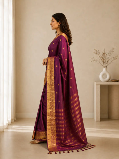 Rajnidhi Wine Purple Paithani Silk Saree with Antique Gold Floral Zari Border