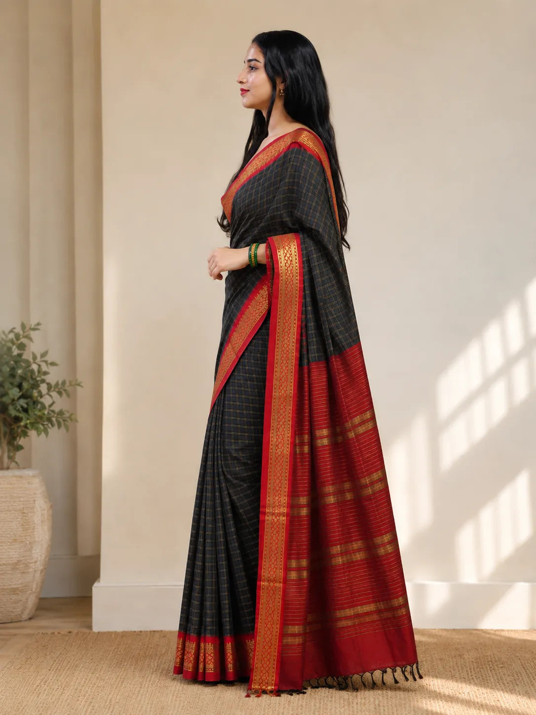 Nikhila Midnight Checkered Saree with Crimson Heritage Zari Border