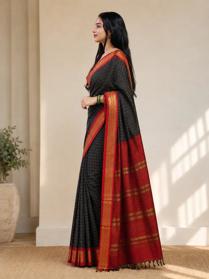 Nikhila Midnight Checkered Saree with Crimson Heritage Zari Border
