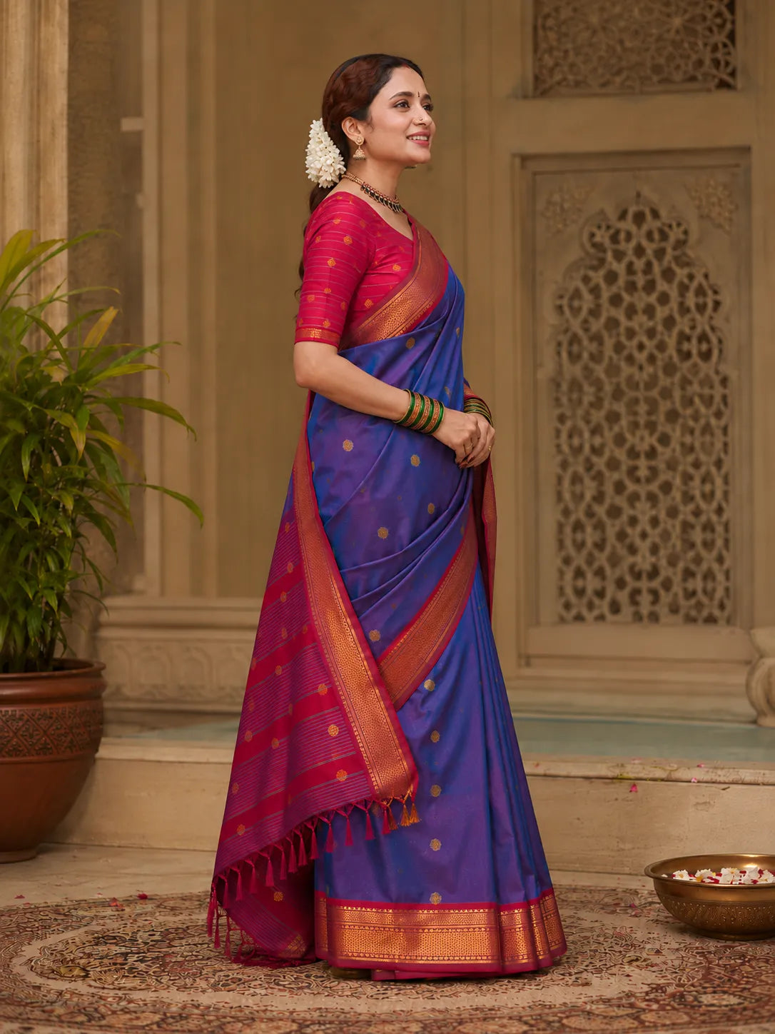 Royal Blue Cotton Silk Saree with Red Zari Border & Contrast Red Blouse