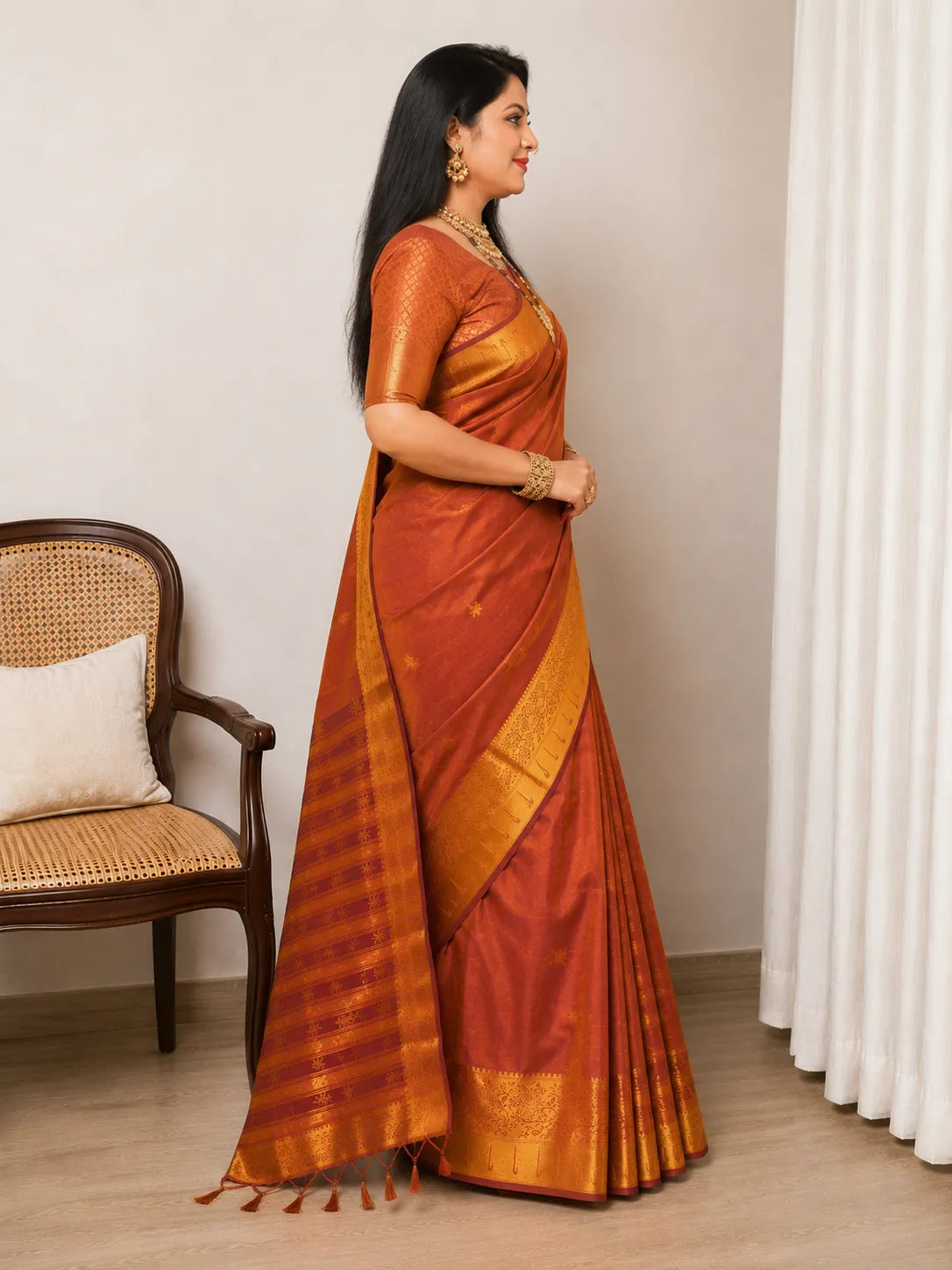 Rajeshwari Copper Orange Paithani Silk Saree with Antique Gold Zari Border