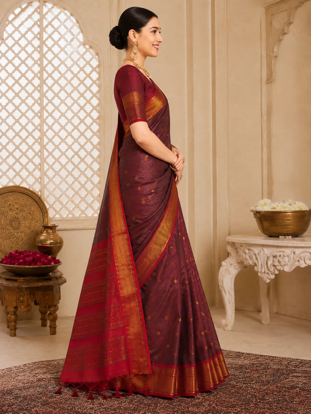 Wine Purple Cotton Silk Saree with Gold Zari Butti & Contrast Magenta Border