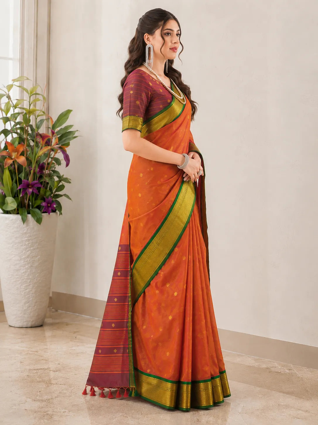 Copper Orange Cotton Silk Saree with Emerald Green Zari Border & Wine Contrast Blouse