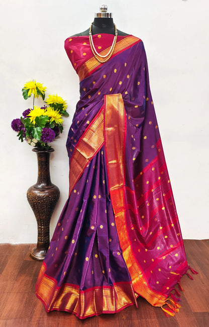 Royal Purple Cotton Silk Saree with Rani Pink Zari Border & Contrast Pink Blouse