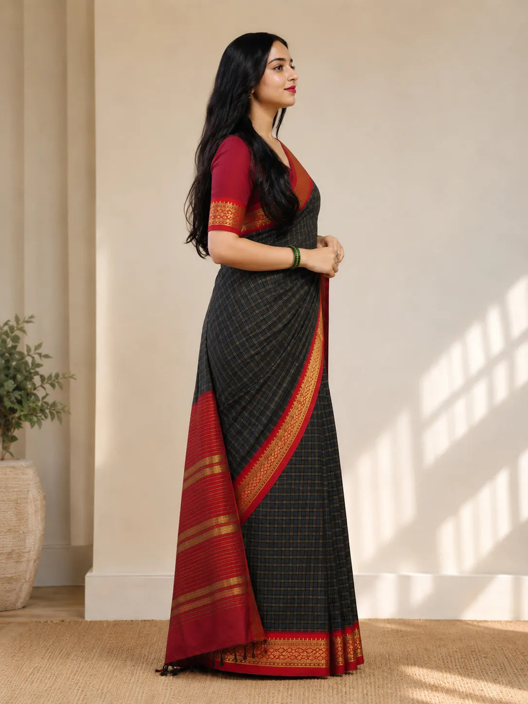 Nikhila Midnight Checkered Saree with Crimson Heritage Zari Border