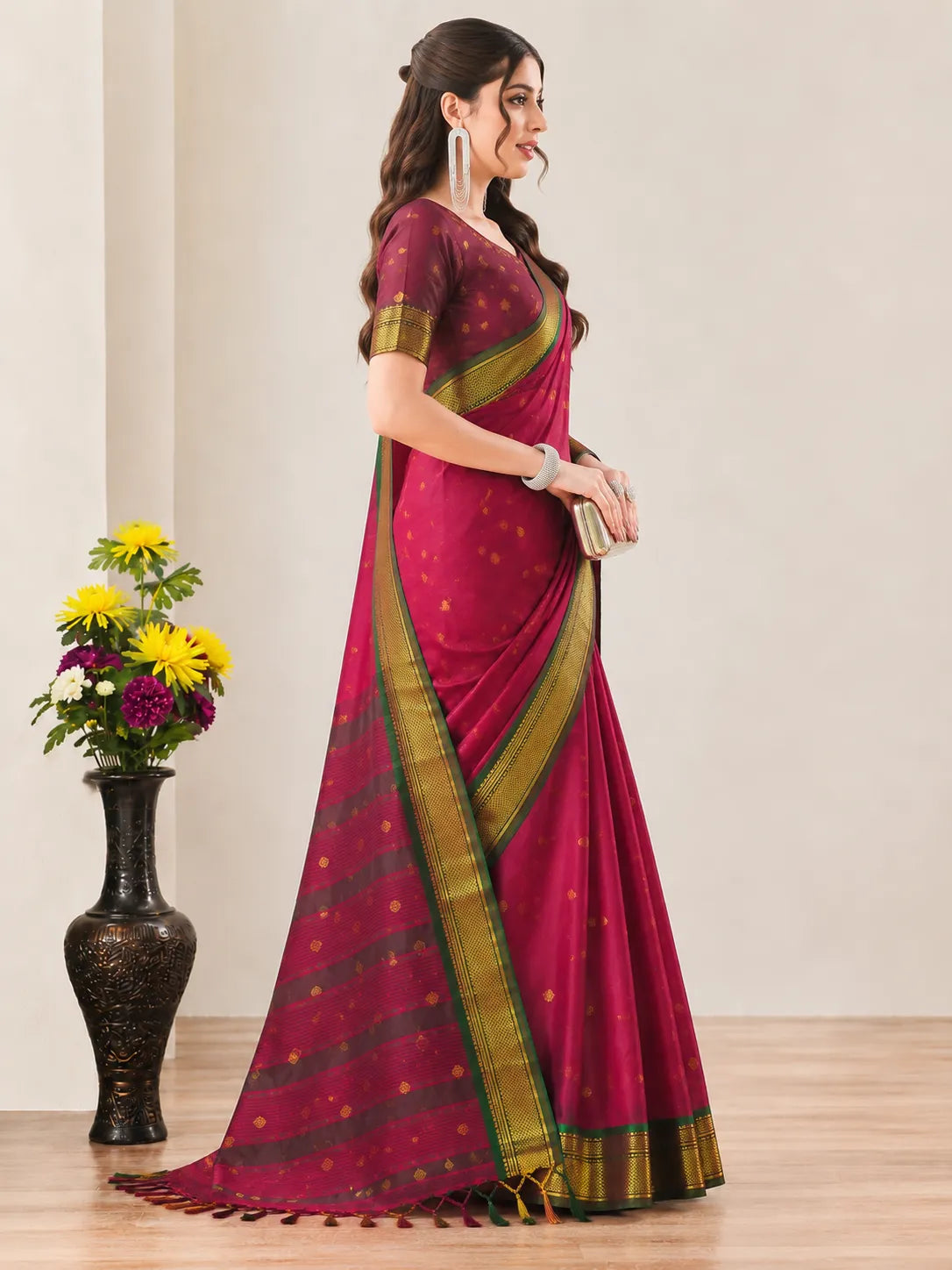 Rani Pink Cotton Silk Saree with Gold Zari Butti & Contrast Brown Pallu