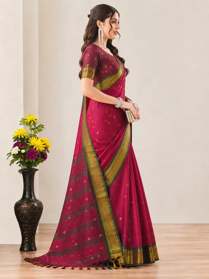 Rani Pink Cotton Silk Saree with Gold Zari Butti & Contrast Brown Pallu