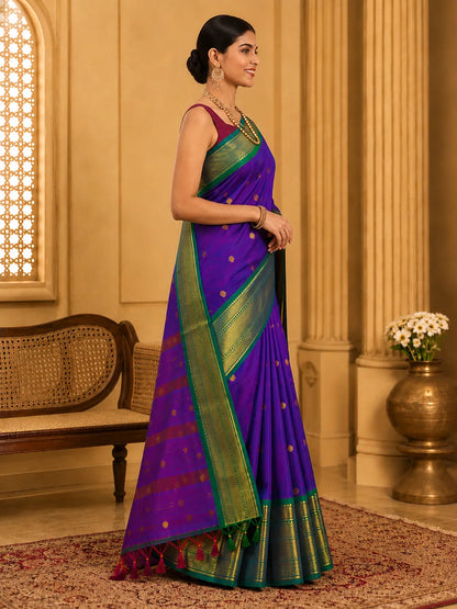 Royal Purple Cotton Silk Saree with Emerald Green Zari Border & Contrast Maroon Blouse