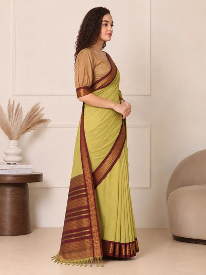 Mrunalini Olive Green Saree with Maroon Heritage Zari Border