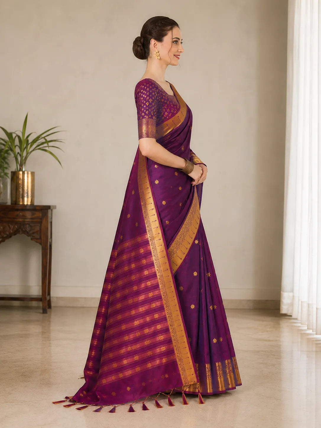 Rajeshwari Royal Purple Paithani Silk Saree with Antique Gold Zari Border