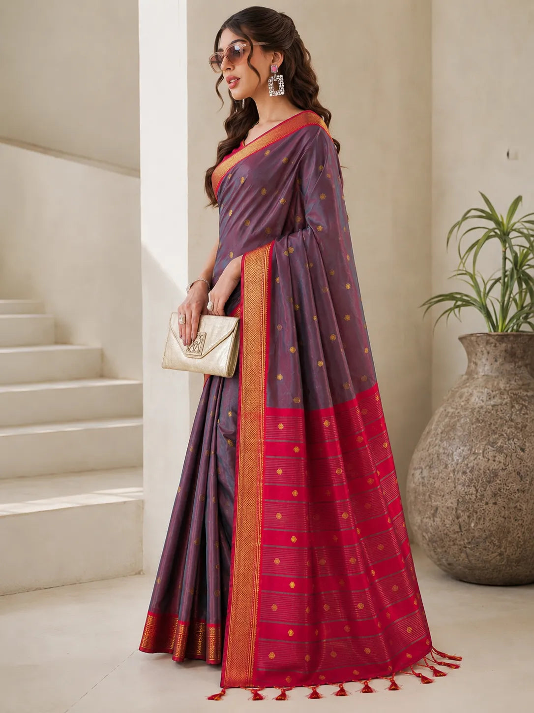 Smoky Grey Cotton Silk Saree with Ruby Red Zari Border & Contrast Red Blouse