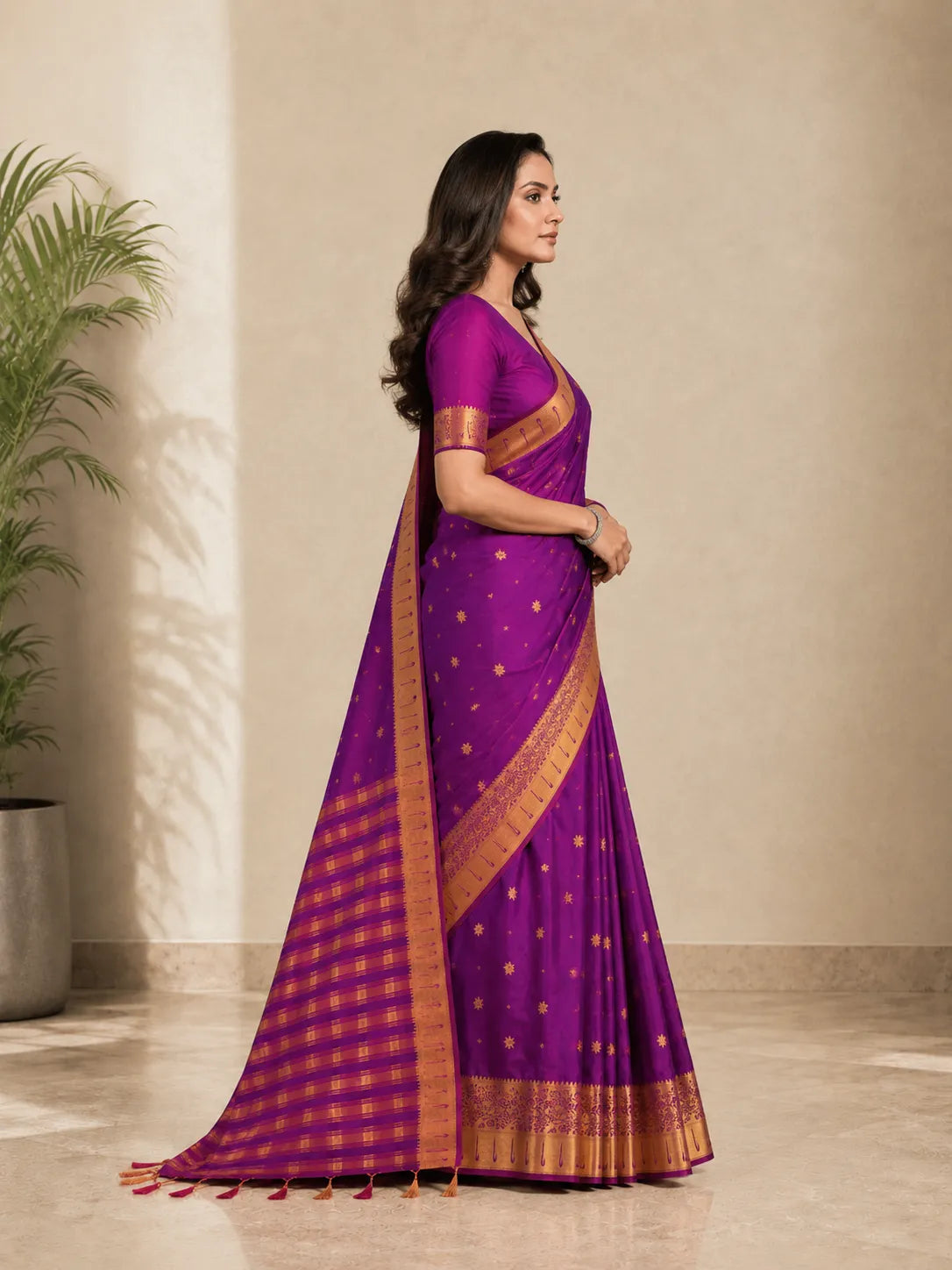 Rajeshwari Violet Paithani Silk Saree with Gold Zari Border & Striped Pallu