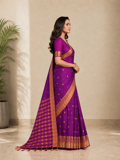 Rajeshwari Violet Paithani Silk Saree with Gold Zari Border & Striped Pallu