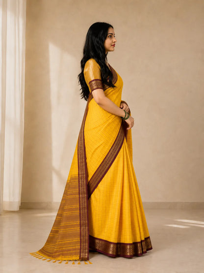 Suvarna Mustard Yellow Saree with Coffee Brown Heritage Border