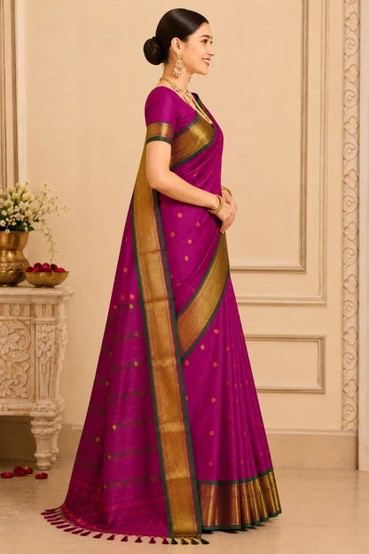 Magenta Pink Cotton Silk Saree with Gold Zari Butti & Green Contrast Border