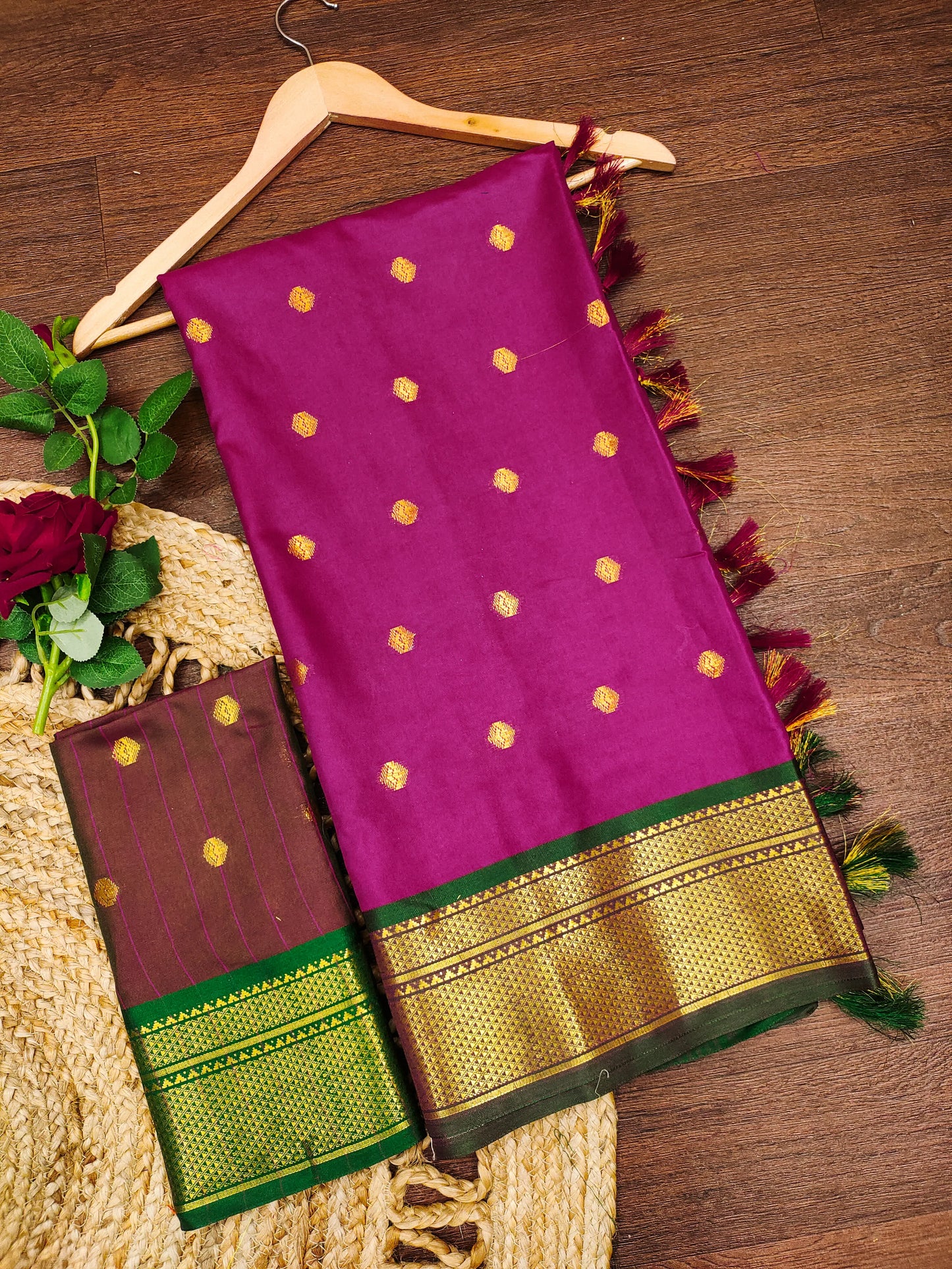 Magenta Pink Cotton Silk Saree with Gold Zari Butti & Green Contrast Border