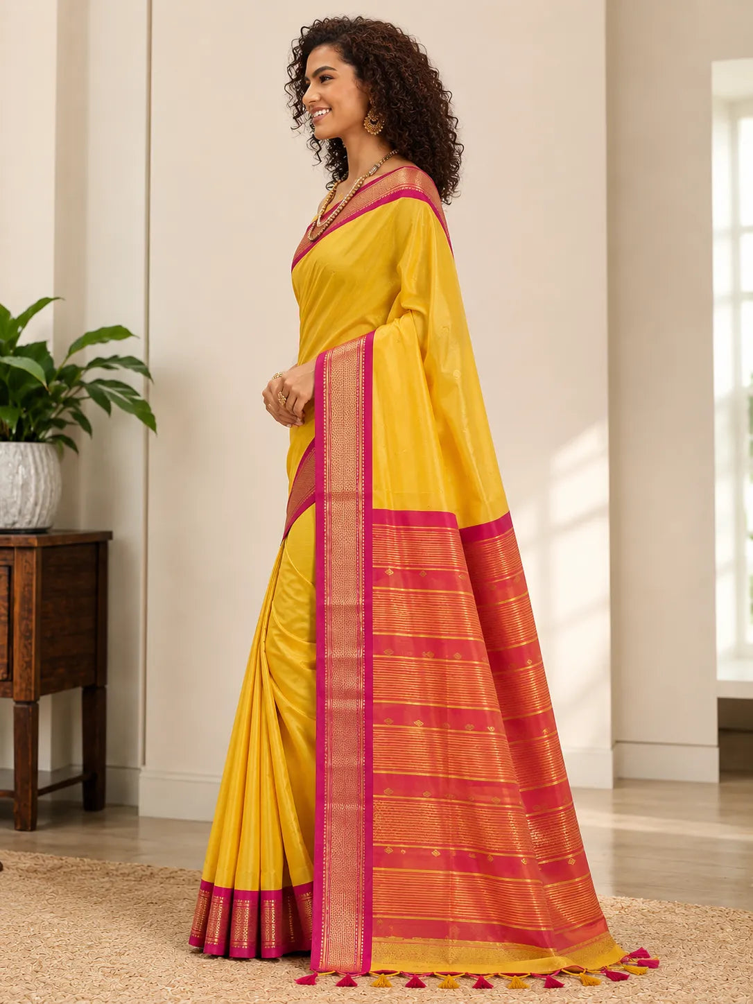 Golden Yellow Cotton Silk Saree with Rani Pink Zari Border & Peach Contrast Blouse