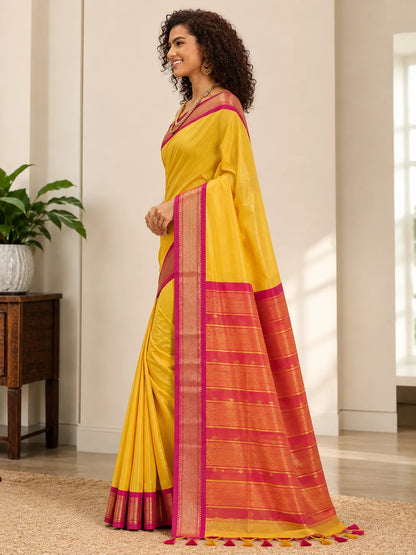 Golden Yellow Cotton Silk Saree with Rani Pink Zari Border & Peach Contrast Blouse