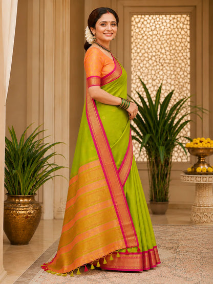 Olive Green Cotton Silk Saree with Pink Zari Border & Contrast Peach Pallu