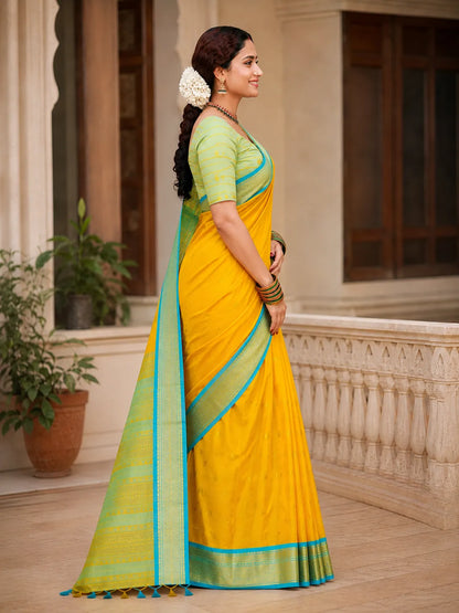 Bright Marigold Yellow Cotton Silk Saree with Aqua Blue Zari Border & Mint Green Contrast Blouse
